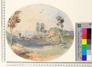 Bayerische Landschaft mit Birken, Bildstock und Betendem
