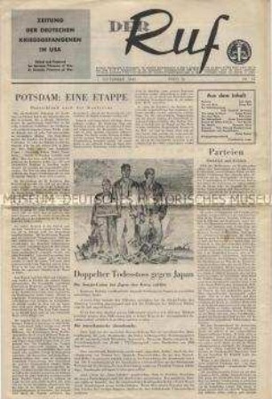 Zentrale Zeitung der deutschen Kriegsgefangenen in der USA "Der Ruf" u.a. zur Konferenz in Potsdam und zur Abwurf der Atombombe auf Hiroshima