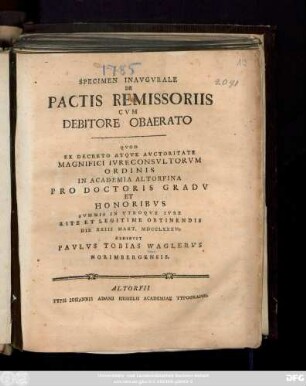 Specimen Inavgvrale De Pactis Remissoriis Cvm Debitore Obaerato