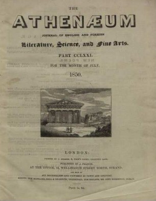 THE ATHENAEUm JOURNAL OF ENGLISH AND FOREIGN Literature,Science, and fine Arts. PART CCLXXI. - PART CCLXXVI.