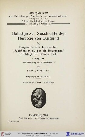 Beiträge zur Geschichte der Herzöge von Burgund - V. Fragmente aus der zweiten "Justification du duc de Bourgogne" des Magisters Johann Petit