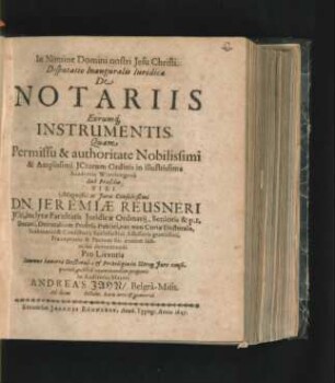 Disputatio Inauguralis Iuridica De Notariis Eorumq[ue] Instrumentis
