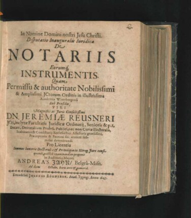 Disputatio Inauguralis Iuridica De Notariis Eorumq[ue] Instrumentis