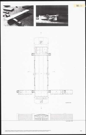 Architektonisches Ausstellungskonzept für die ILA 1998 in Schönefeld. Haupteingangsbereich Schinkelwettbewerb 1997: Grundriss und Ansicht 1:500