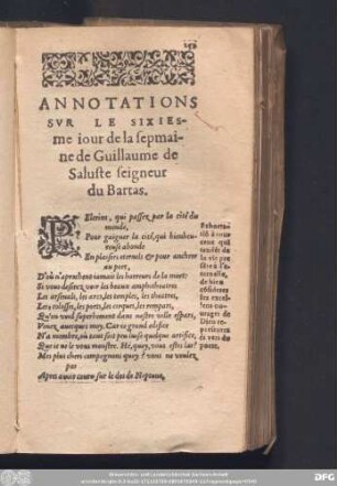 Annotations Sur Le Sixiesme jour de la sepmaine de Guillaume de Saluste seigneur du Bartas.