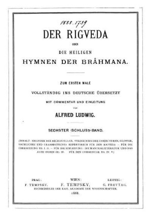 Bd. 6: Register der Belegstellen : Verzeichnis der Conjecturen, Glossar, sachliches und grammatisches Repertorium für den Rigveda ...