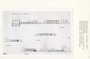 Schulanlage (Diplomarbeit bei Willy Kreuer): Turnhalle, Verwaltung, Ansichten von Nordosten, Nordwesten, Südwesten und Schnitt 1:200