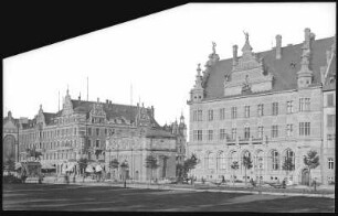 Danzig. Danziger Hof, Hauptwache mit Kaiser-Wilhelm-Denkmal und Reichsbank : Danzig. Danziger Hof (1899; Carl Gause), Hauptwache (Hohes Tor, 1586/1588; Willem van den Blocke) mit Denkmal für Kaiser Wilhelm I. (1903; Eugen Boermel) und Reichsbank (um 1904-1906; Max Hasak) Am Hohen Tor / Ecke Karrenwall