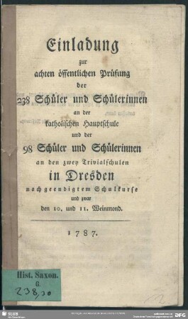 8.1787: Einladung zur öffentlichen Prüfung : welche am ... in der hiesigen Katholischen Hauptschule abgehalten werden soll