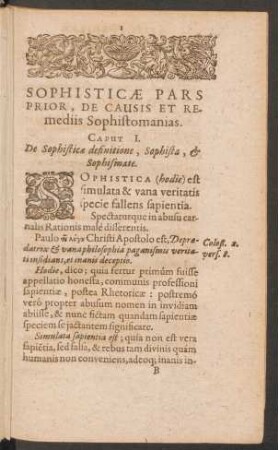 Sophisticae Pars Prior, De Causis Et Remediis Sophistomanias.
