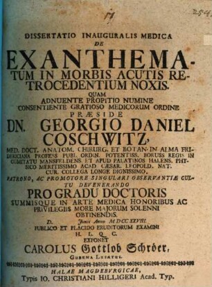 Diss. inaug. med. de exanthematum in morbis acutis retrocedentium noxis