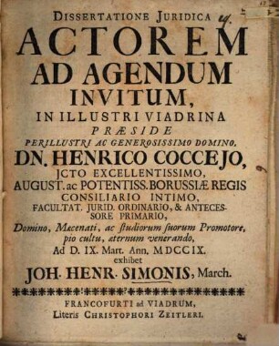 Dissertatione Juridica Actorem Ad Agendum Invitum