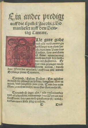 Ein ander predigt auff die Epistel Jacobi. i. So man lieset auff den Sontag Cantate.