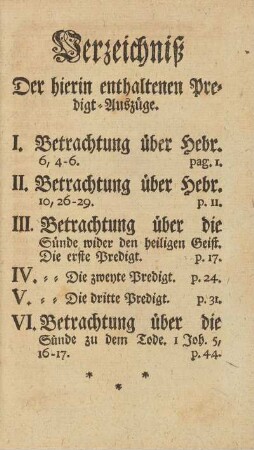 Verzeichniß der hierin enthaltenen Predigt-Auszüge
