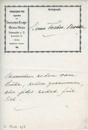 Autographen-Post von Irene Forbes-Mosse zugunsten des Deutschen Kriegs-Waisen-Heims