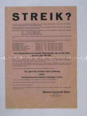 Propagandaflugblatt der Gewerkschaft Holz zum Lohnkampf der Schreinergesellen in Hessen