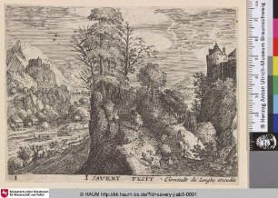 [Ein Pfad mit Wanderern in Berglandschaft mit Fluss; Path with travelers to right of river in mountains]
