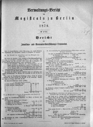 No. XVIII. Bericht der Invaliden- und Vetreranen-Unterstützungs-Deputation