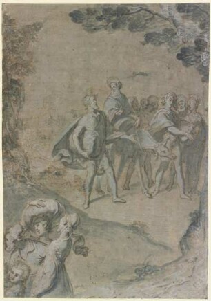 Ein bärtiger Mann auf einem Esel reitend, umgeben von Gepäck tragenden Wanderern