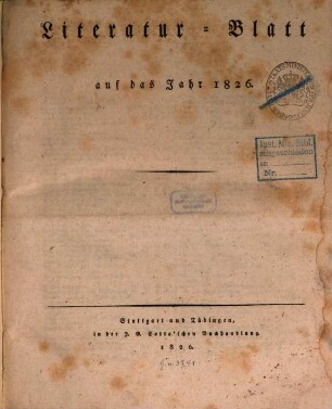 Morgenblatt für gebildete Stände. Literatur-Blatt. 1826