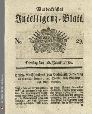 No. 29, Dienstag den 18. Julius 1780
