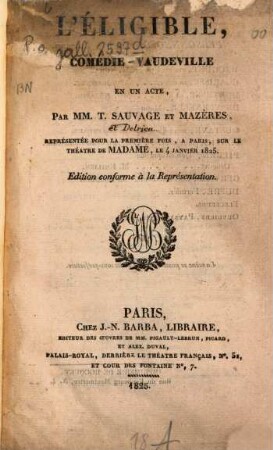 L' éligible : Comédie-vaudeville en 1 acte