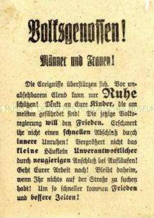 Aufruf zur Wahrung der Ruhe und Fernhaltung von revolutionären Aktionen