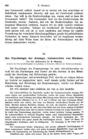 698-705, Zur Psychologie der Aussage, insbesondere von Kindern