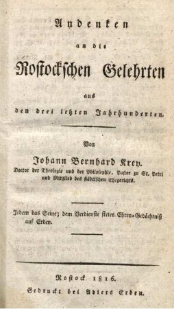 Andenken an die Rostockschen Gelehrten aus den drei letzten Jahrhunderten