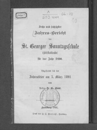 66.1890(1891): Jahres-Bericht der St. Georger Sonntagsschule (Stiftskirche) für das Jahr ...