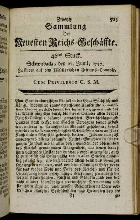 46tes Stuck. Schwabach, den 27. Junii, 1757.