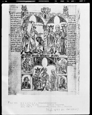 Biblia pauperum — Bildseite mit sieben Miniaturen, Folio 156verso