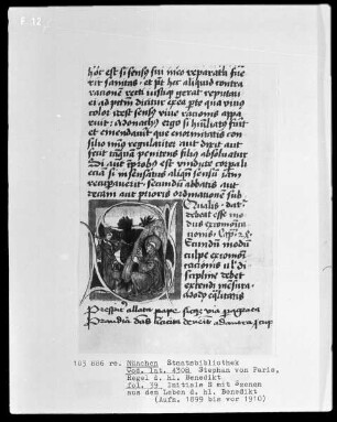 Stephan von Paris, Auslegung der Regel des heiligen Benedikt — Initiale S, darin der Priester bringt Benedikt Nahrung, Folio 39recto
