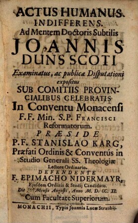 Actus humanus indifferens : ad mentem Doct. S. Joannis Duns Scoti examinatus
