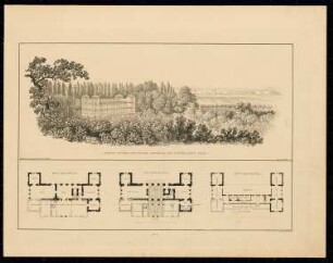 Schloss Tegel, Berlin: Perspektivische Ansicht (Vogelschau), Grundrisse (aus: Sammlung Architektonischer Entwürfe, Berlin 1858)