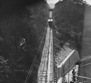 Hongkong. Standseilbahn (Peak Tram) mit Station. Blick bergaufwärts