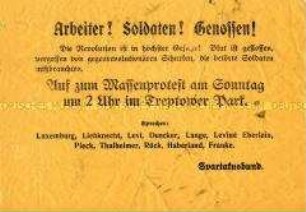 Propagandaflugblatt mit einem Aufruf des Spartakus-Bundes zu einer Großkundgebung im Treptower Park mit Liebknecht, Luxemburg, Levi, Pieck, Thalheimer u.a.