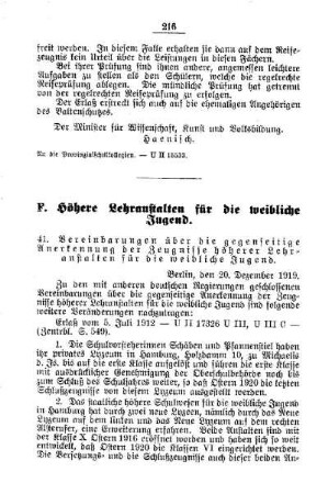 Vereinbarungen über die gegenseitige Anerkennung der Zeugnisse höherer Lehranstalten für die weibliche Jugend : [F. Höhere Lehranstalten für die weibliche Jugend]