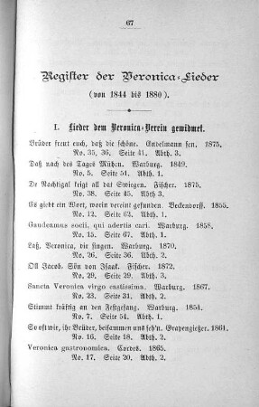Register der Veronica=Lieder (von 1844 bis 1880).