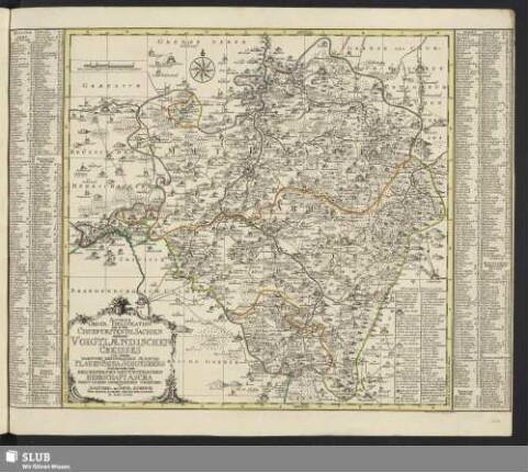 Accurate Geogr. Delineation Des Zu Dem Voigtlaendischen Creisses Und Derer Darinnen Befindlichen Aemmter Paulen Pausa u. Voigtsberg : Ingleichen Der Reichsfreyen Zettwitzischen Herrschaften Ascha Nebst Andern Angrenzenden Gegenden
