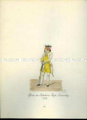 Uniformdarstellung, Offizier des Infanterie-Regiments "Lubomirsky", 1754. Aus: Sammelmappe "Sachsens Militär", Königliche Arsenalsammlung.