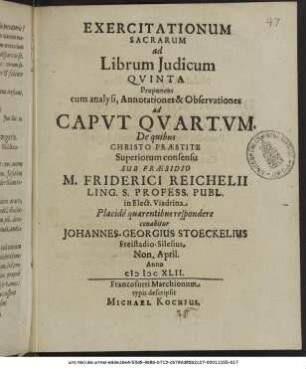 Exercitationum Sacrarum ad Librum Iudicum Quinta Proponens cum analysi, Annotationes & Observationes ad Caput Quartum