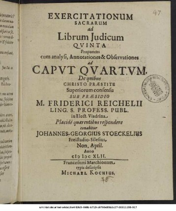Exercitationum Sacrarum ad Librum Iudicum Quinta Proponens cum analysi, Annotationes & Observationes ad Caput Quartum