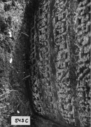 Grabstein 543 (Index: 99753000) Material: Sandstein Zustand: stark abgeblätt/verwitt. mit groß. Textver Maße HxBxT: 123x67x14 cm Beschreibung: Stele, in Voluten auslaufender Rundbogenabschluß, Schriftfeld eingetieft Symbolik: Muschel, Voluten: Grabstein 543C