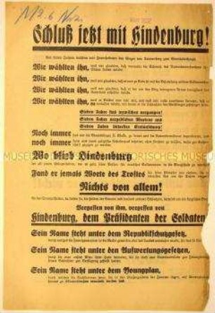 Nationalsozialistisches Flugblatt gegen die Wiederwahl von Hindenburg zum Reichspräsidenten und für die Unterstützung Adolf Hitlers
