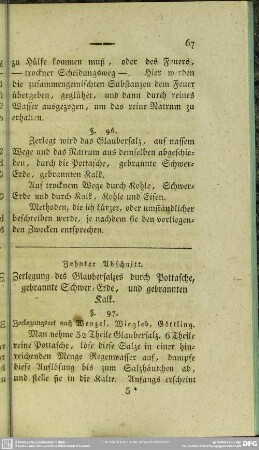 Zehnter Abschnitt. Zerlegung des Glaubersalzes durch Pottasche, gebrannte Schwer-Erde, und gebrannten Kalk