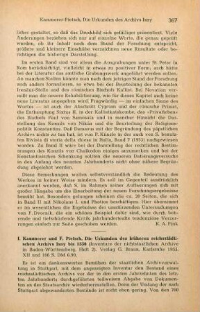 367-368 [Rezension] Die Urkunden des früheren reichsstädtischen Archivs Isny bis 1550