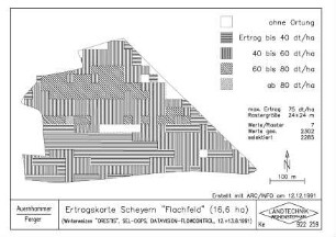Ertragskarte Scheyern "Flachfeld" (16,6 ha) (Winterweizen "ORESTIS", SEL-DGPS, DATAVISION-FLOWCONTROL, 12.+13.8.1991)