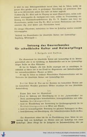 Satzung des Gauverbandes für schwäbische Kultur und Heimatpflege.