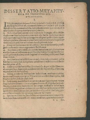 Dissertatio Metaphysica De Principio Singularitatis.